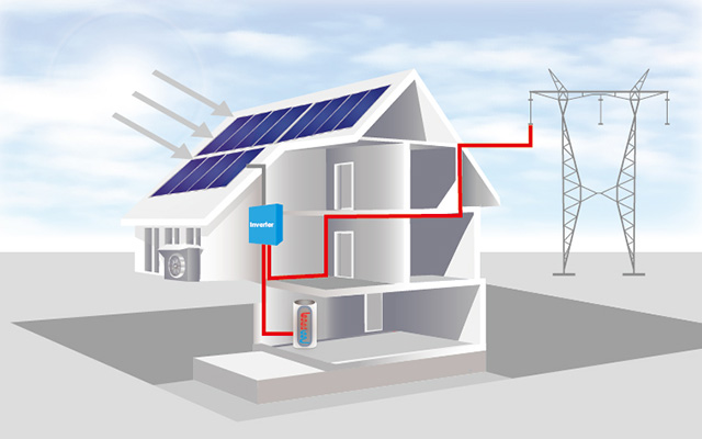 Graphic showing sunlight hitting solar panels on the roof of a home and battery storing energy for use in home and sending to power line